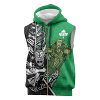 New Zealand and Ireland Rugby Custom Sleeveless Zip Hoodie Maori Tiki Fern Irish Celtic Cross LT14 Green - Polynesian Pride