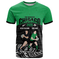 New Zealand and Ireland Rugby Custom T Shirt Chicago 2025 Go All Black Shamrocks - Polynesian Pride