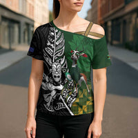 New Zealand and South Africa Rugby Custom Cross Shoulder Shirt Maori Tiki Fern Springboks Kente Pattern - Polynesian Pride