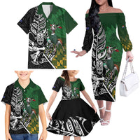 New Zealand and South Africa Rugby Custom Family Matching Off The Shoulder Long Sleeve Dress and Hawaiian Shirt Maori Tiki Fern Springboks Kente Pattern - Polynesian Pride