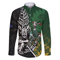 New Zealand and South Africa Rugby Custom Family Matching Off Shoulder Maxi Dress and Hawaiian Shirt Maori Tiki Fern Springboks Kente Pattern - Polynesian Pride