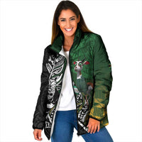 New Zealand and South Africa Rugby Custom Padded Jacket Maori Tiki Fern Springboks Kente Pattern LT14 Women Green - Polynesian Pride