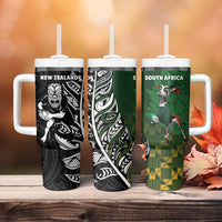 New Zealand and South Africa Rugby Tumbler With Handle Maori Tiki Fern Springboks Kente Pattern - Polynesian Pride