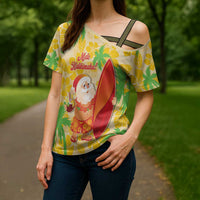 Aloha Hawaii Christmas Cross Shoulder Shirt Mele Kalikimaka Funny Santa Palaka Quilt Motifs - Polynesian Pride