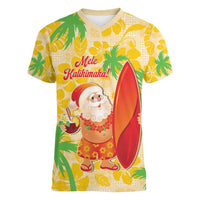 Aloha Hawaii Christmas Women V-Neck T-Shirt Mele Kalikimaka Funny Santa Palaka Quilt Motifs - Polynesian Pride
