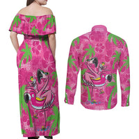 Aloha Hawaii Christmas Couples Matching Off Shoulder Maxi Dress and Long Sleeve Button Shirt Mele Kalikimaka Chill Flamingo Palaka Quilt Motifs - Polynesian Pride
