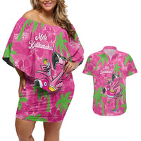 Aloha Hawaii Christmas Couples Matching Off Shoulder Short Dress and Hawaiian Shirt Mele Kalikimaka Chill Flamingo Palaka Quilt Motifs - Polynesian Pride