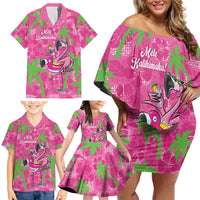 Aloha Hawaii Christmas Family Matching Off Shoulder Short Dress and Hawaiian Shirt Mele Kalikimaka Chill Flamingo Palaka Quilt Motifs - Polynesian Pride