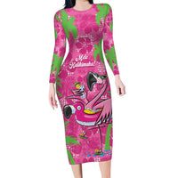 Aloha Hawaii Christmas Long Sleeve Bodycon Dress Mele Kalikimaka Chill Flamingo Palaka Quilt Motifs - Polynesian Pride