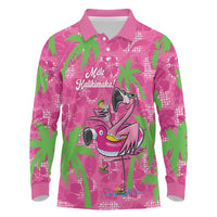 Aloha Hawaii Christmas Long Sleeve Polo Shirt Mele Kalikimaka Chill Flamingo Palaka Quilt Motifs - Polynesian Pride