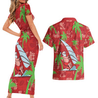 Aloha Hawaii Christmas Couples Matching Short Sleeve Bodycon Dress and Hawaiian Shirt Mele Kalikimaka Windsurfing Santa Palaka Quilt Motifs - Polynesian Pride