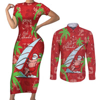 Aloha Hawaii Christmas Couples Matching Short Sleeve Bodycon Dress and Long Sleeve Button Shirt Mele Kalikimaka Windsurfing Santa Palaka Quilt Motifs - Polynesian Pride