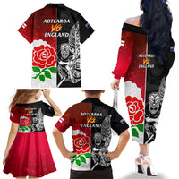 New Zealand And England Rugby Family Matching Off Shoulder Long Sleeve Dress and Hawaiian Shirt 2023 World Cup All Black Combine Red Roses LT14 - Polynesian Pride