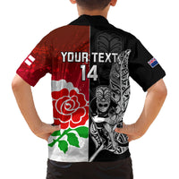 Custom New Zealand And England Rugby Family Matching Off Shoulder Short Dress and Hawaiian Shirt 2023 World Cup All Black Combine Red Roses LT14 - Polynesian Pride