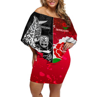 Custom New Zealand And England Rugby Off Shoulder Short Dress 2023 World Cup All Black Combine Red Roses LT14 Women Black - Polynesian Pride