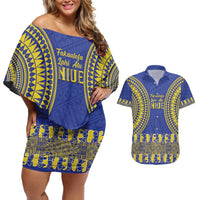 Fakaalofa Lahi Atu Niue Couples Matching Off Shoulder Short Dress and Hawaiian Shirt Siapo Pattern With Puakenikeni LT14 Blue - Polynesian Pride