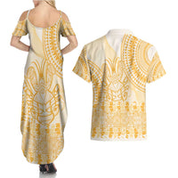 Niue Language Week Couples Matching Summer Maxi Dress and Hawaiian Shirt The Rock Coconut Crab - Siapo Gold Pastel