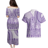 Purple Niue Language Week Couples Matching Puletasi and Hawaiian Shirt The Rock Coconut Crab - Siapo Pattern