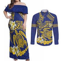 Te Vaiaho o te Gagana Tokelau Couples Matching Off Shoulder Maxi Dress and Long Sleeve Button Shirt Polynesian Turtle - Malo Ni! LT14 Blue - Polynesian Pride