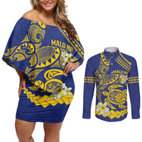 Te Vaiaho o te Gagana Tokelau Couples Matching Off Shoulder Short Dress and Long Sleeve Button Shirt Polynesian Turtle - Malo Ni! LT14 Blue - Polynesian Pride