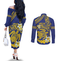Te Vaiaho o te Gagana Tokelau Couples Matching Off The Shoulder Long Sleeve Dress and Long Sleeve Button Shirt Polynesian Turtle - Malo Ni!
