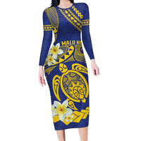 Te Vaiaho o te Gagana Tokelau Long Sleeve Bodycon Dress Polynesian Turtle - Malo Ni! LT14 Long Dress Blue - Polynesian Pride