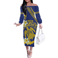 Te Vaiaho o te Gagana Tokelau Off The Shoulder Long Sleeve Dress Polynesian Turtle - Malo Ni! LT14 Women Blue - Polynesian Pride
