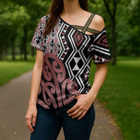 New Zealand Cross Shoulder Shirt Aotearoa Kowhaiwhai Mix Taniko Art - Polynesian Pride
