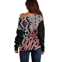 New Zealand Off Shoulder Sweater Aotearoa Kowhaiwhai Mix Taniko Art LT14 - Polynesian Pride