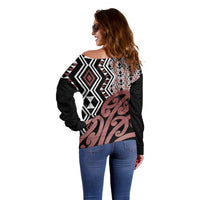 New Zealand Off Shoulder Sweater Aotearoa Kowhaiwhai Mix Taniko Art LT14 - Polynesian Pride