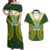 Custom Avaiki Cook Islands Rugby Couples Matching Off Shoulder Maxi Dress and Hawaiian Shirt Kuki Airani Tatau Green - Polynesian Pride