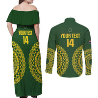 Custom Avaiki Cook Islands Rugby Couples Matching Off Shoulder Maxi Dress and Long Sleeve Button Shirt Kuki Airani Tatau Green LT14 - Polynesian Pride
