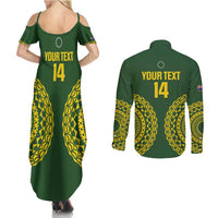 Custom Avaiki Cook Islands Rugby Couples Matching Summer Maxi Dress and Long Sleeve Button Shirt Kuki Airani Tatau Green - Polynesian Pride