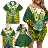Custom Avaiki Cook Islands Rugby Family Matching Off Shoulder Short Dress and Hawaiian Shirt Kuki Airani Tatau Green - Polynesian Pride
