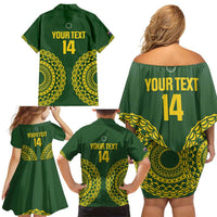 Custom Avaiki Cook Islands Rugby Family Matching Off Shoulder Short Dress and Hawaiian Shirt Kuki Airani Tatau Green LT14 - Polynesian Pride