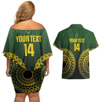 Custom Avaiki Cook Islands Rugby Couples Matching Off Shoulder Short Dress and Hawaiian Shirt Kuki Airani Tatau Black - Polynesian Pride