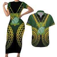 Custom Avaiki Cook Islands Rugby Couples Matching Short Sleeve Bodycon Dress and Hawaiian Shirt Kuki Airani Tatau Black - Polynesian Pride
