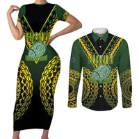 Custom Avaiki Cook Islands Rugby Couples Matching Short Sleeve Bodycon Dress and Long Sleeve Button Shirt Kuki Airani Tatau Black - Polynesian Pride