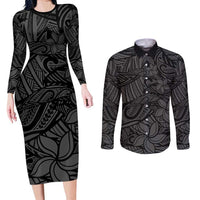 Polynesia Couples Matching Long Sleeve Bodycon Dress and Long Sleeve Button Shirt Polynesian Pattern Mix Plumeria Black LT14