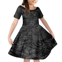 Polynesia Family Matching Off Shoulder Short Dress and Hawaiian Shirt Polynesian Pattern Mix Plumeria Black LT14 Daughter's Dress Black - Polynesian Pride