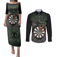 Personalised New Zealand Darts Couples Matching Puletasi and Long Sleeve Button Shirt Dartboard Maori Fern Puhoro Art