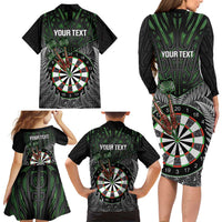 Personalised New Zealand Darts Family Matching Long Sleeve Bodycon Dress and Hawaiian Shirt Dartboard Maori Fern Puhoro Art