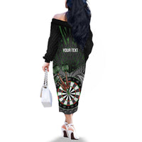 Personalised New Zealand Darts Family Matching Off The Shoulder Long Sleeve Dress and Hawaiian Shirt Dartboard Maori Fern Puhoro Art