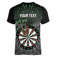 Personalised New Zealand Darts Women V-Neck T-Shirt Dartboard Maori Fern Puhoro Art