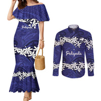 Personalised Cook Islands Pukapuka Couples Matching Mermaid Dress and Long Sleeve Button Shirt Tiare Maori Polynesian Waves Tattoo LT14 Blue - Polynesian Pride