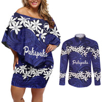 Personalised Cook Islands Pukapuka Couples Matching Off Shoulder Short Dress and Long Sleeve Button Shirt Tiare Maori Polynesian Waves Tattoo LT14 Blue - Polynesian Pride