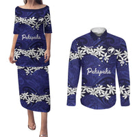 Personalised Cook Islands Pukapuka Couples Matching Puletasi and Long Sleeve Button Shirt Tiare Maori Polynesian Waves Tattoo LT14 Blue - Polynesian Pride