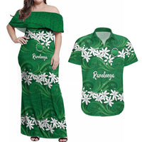 Personalised Cook Islands Rarotonga Couples Matching Off Shoulder Maxi Dress and Hawaiian Shirt Tiare Maori Polynesian Waves Tattoo LT14 Green - Polynesian Pride