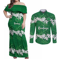 Personalised Cook Islands Rarotonga Couples Matching Off Shoulder Maxi Dress and Long Sleeve Button Shirt Tiare Maori Polynesian Waves Tattoo LT14 Green - Polynesian Pride