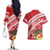 Kingdom Of Tonga Emancipation Day Couples Matching Off The Shoulder Long Sleeve Dress and Hawaiian Shirt Tongan Ngatu With Kumete Red